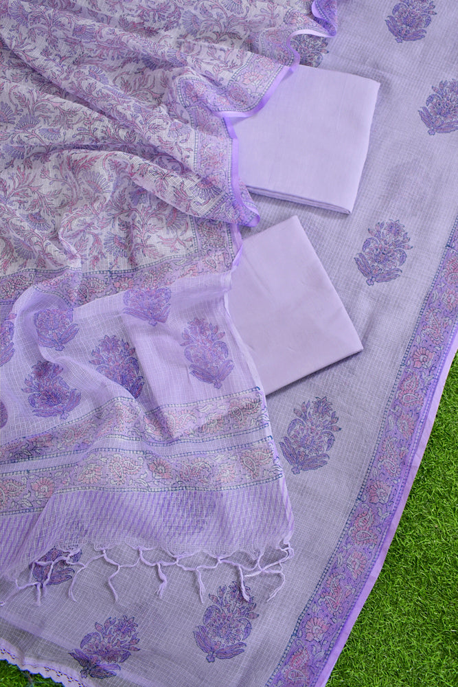 Elegant Hand Block Printed Kota cotton Unstitched suit with Soft Cotton Lining & bottom - 4 pc set