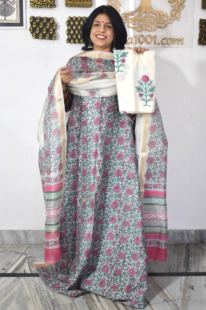 Beautiful Hand Block Printed Maheshwari Silk Cotton Unstitched suit fabric - 3 pc set