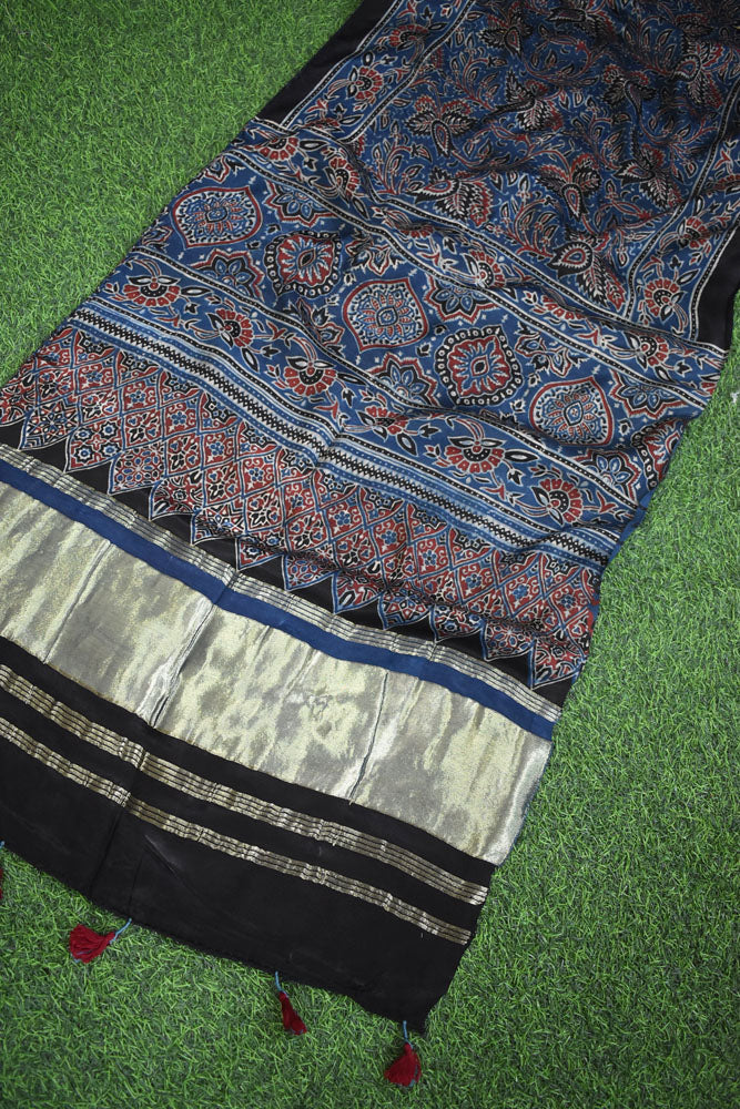 Beautiful Ajrakh Modal Silk Hand block Printed Stole with lagdi patta