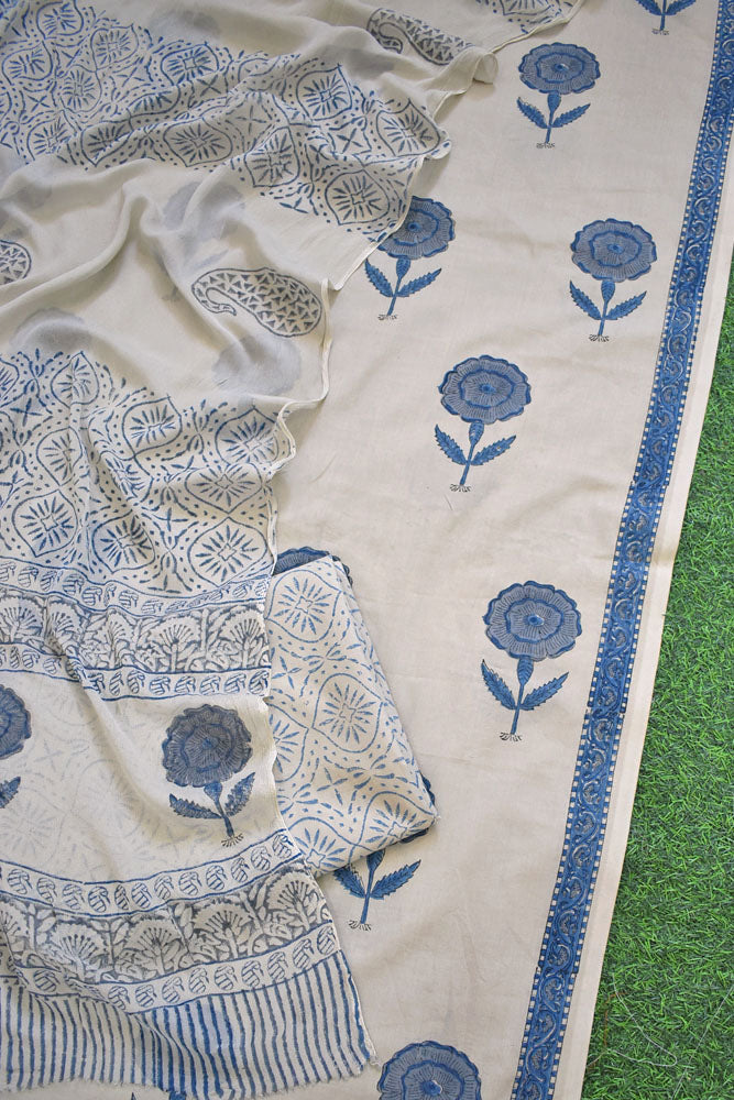 Hand Block Printed Cotton unstitched suit fabric with Chiffon dupatta