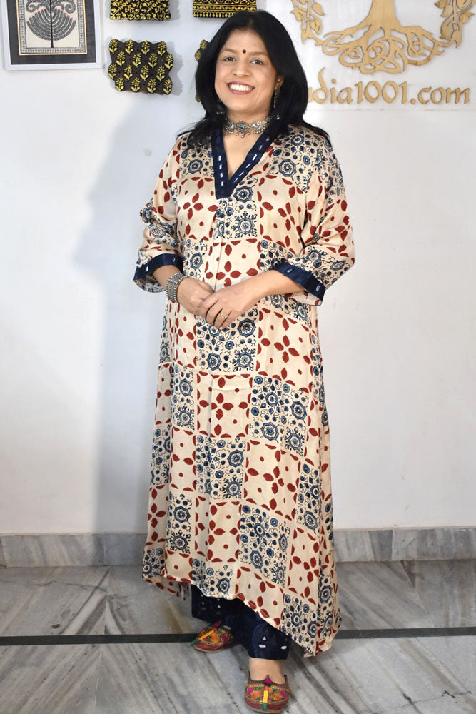 Beautiful Ajrakh Modal Silk Kurta with Kutch Mirror Work size - 38 - 44