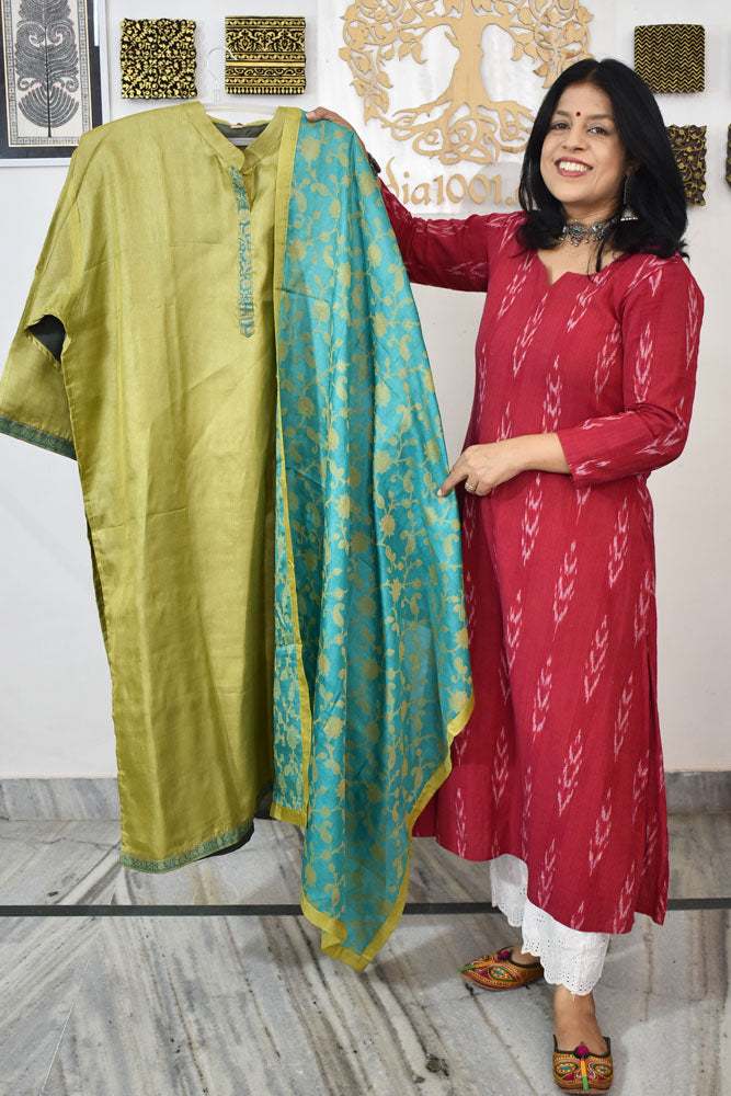 Semi Stitched Block Printed Tussar Silk Dupatta  & Tussar Kurta Fabric