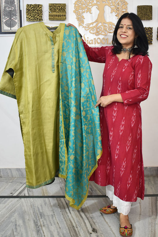 Semi Stitched Block Printed Tussar Silk Dupatta  & Tussar Kurta Fabric