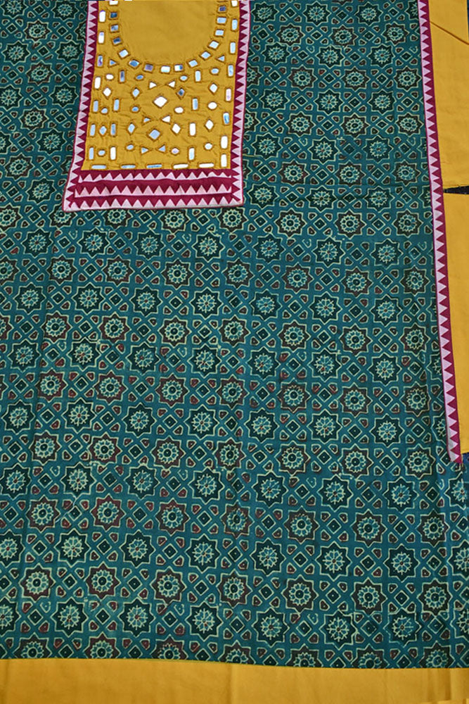 Designer Ajrakh Cotton Short Kurta Fabric with Kutch Mirror Work patch