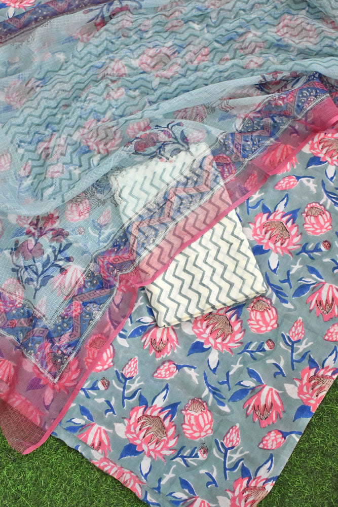 Designer Hand Block Placement Print Cotton suit with Kota dupatta and panel design