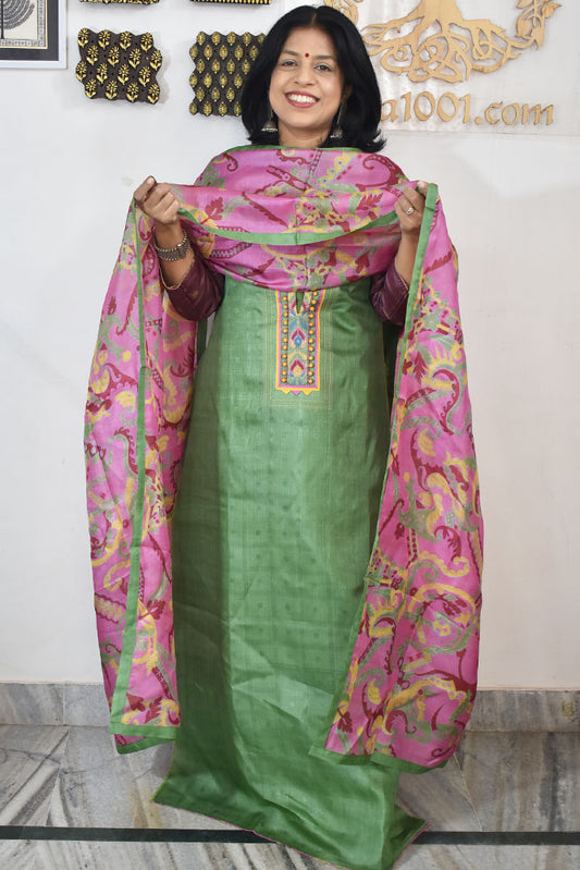 Semi Stitched Block Printed Tussar Silk Dupatta  & Tussar Kurta Fabric