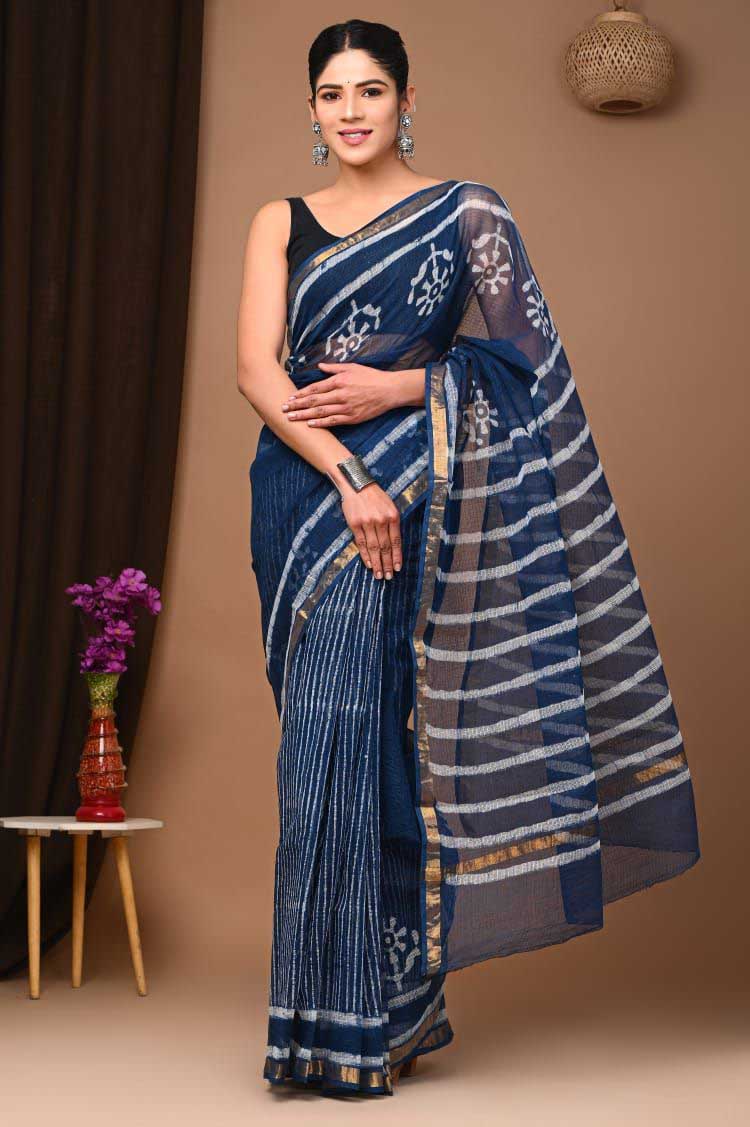 Beautiful Hand Block Printed Kota cotton Saree with zari border