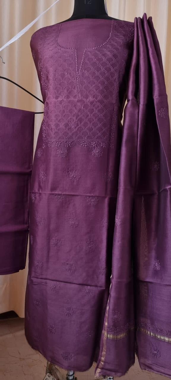 Elegant Chanderi silk Cotton Kurta & Dupatta with Chikankari Embroidery work & cotton bottom - 3 pc set