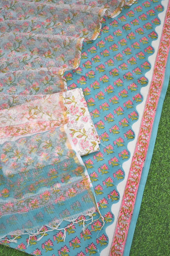 Beautiful Hand Block Printed Cotton unstitched suit fabric with Kota Doria Dupatta