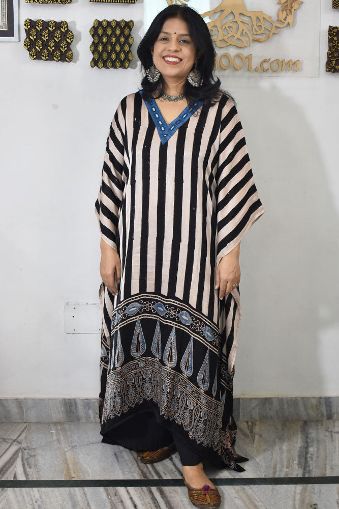 Beautiful Hand Block Printed Modal Silk Kaftan with kutch mirror, Can fit till size 44