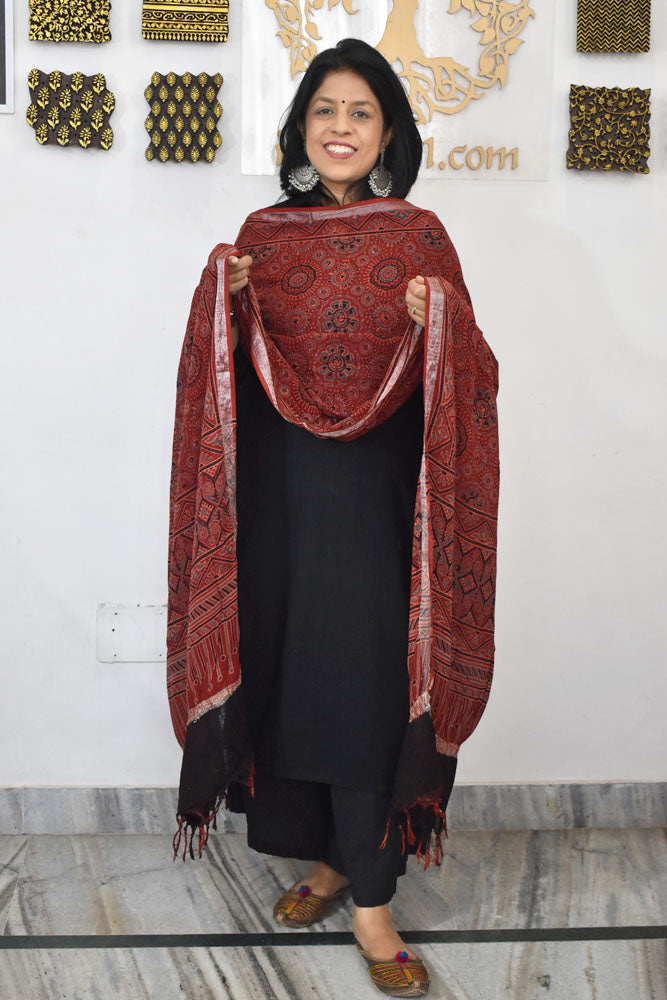 Elegant Ajrakh Hand Block Printed Pure Linen dupatta
