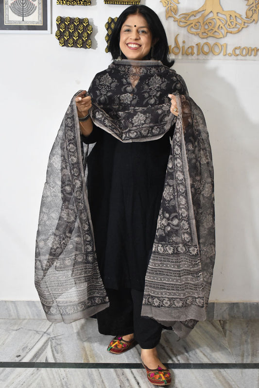 Hand Block Printed Kota Doria Cotton Dupatta with zari border