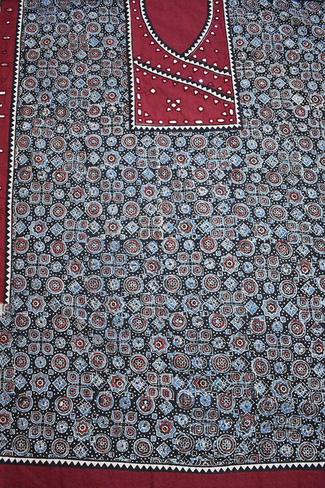 Designer Ajrakh Cotton Kurta Fabric with Kutch Mirror Work patch