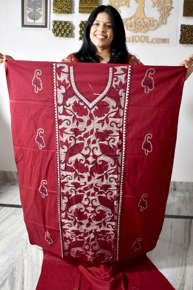 Hand Embroidered Kantha work cotton kurta fabric No - 20