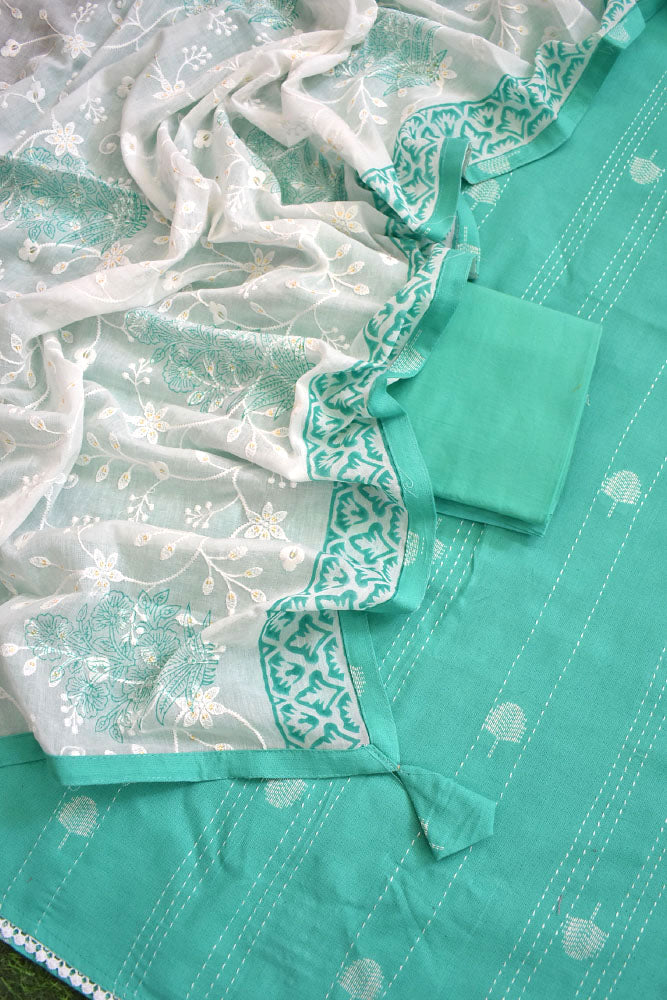 Beautiful Woven Cotton kurta with Embroidery & Block Printed Soft Cotton dupatta