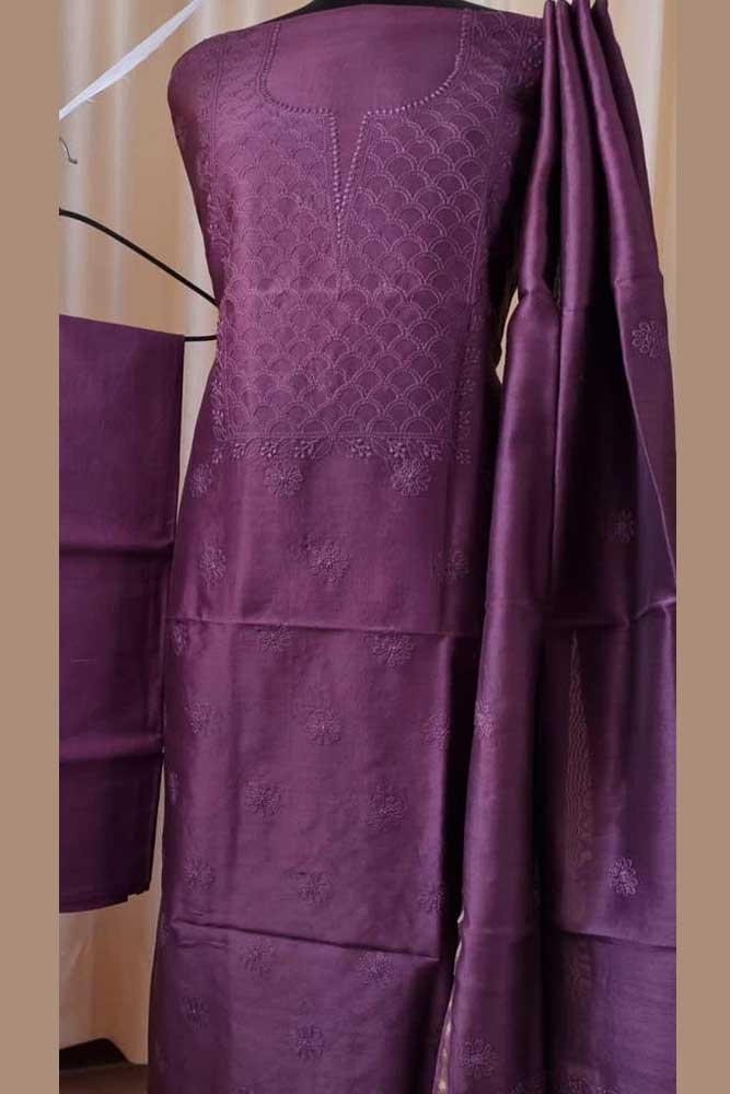 Elegant Chanderi silk Cotton Kurta & Dupatta with Chikankari Embroidery work & cotton bottom - 3 pc set