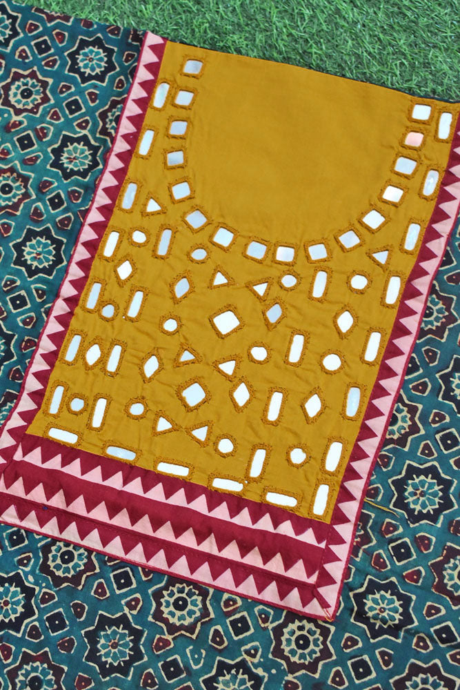 Designer Ajrakh Cotton Short Kurta Fabric with Kutch Mirror Work patch