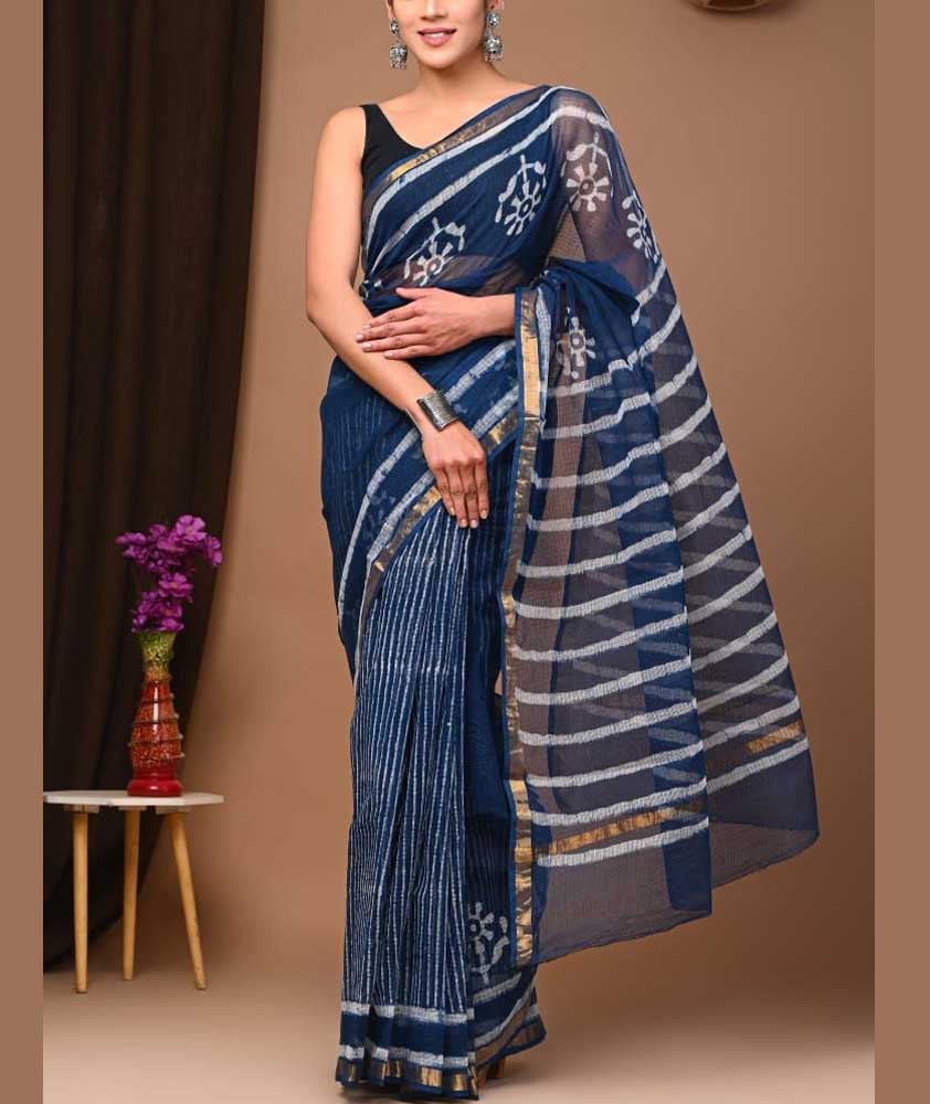 Beautiful Hand Block Printed Kota cotton Saree with zari border
