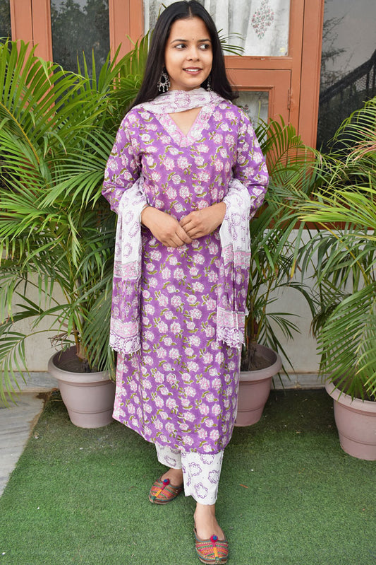 Hand Block Printed Cotton suit with Hand Embroidery - Kurta , Chiffon Dupatta & Pant - size 38,40,42,44