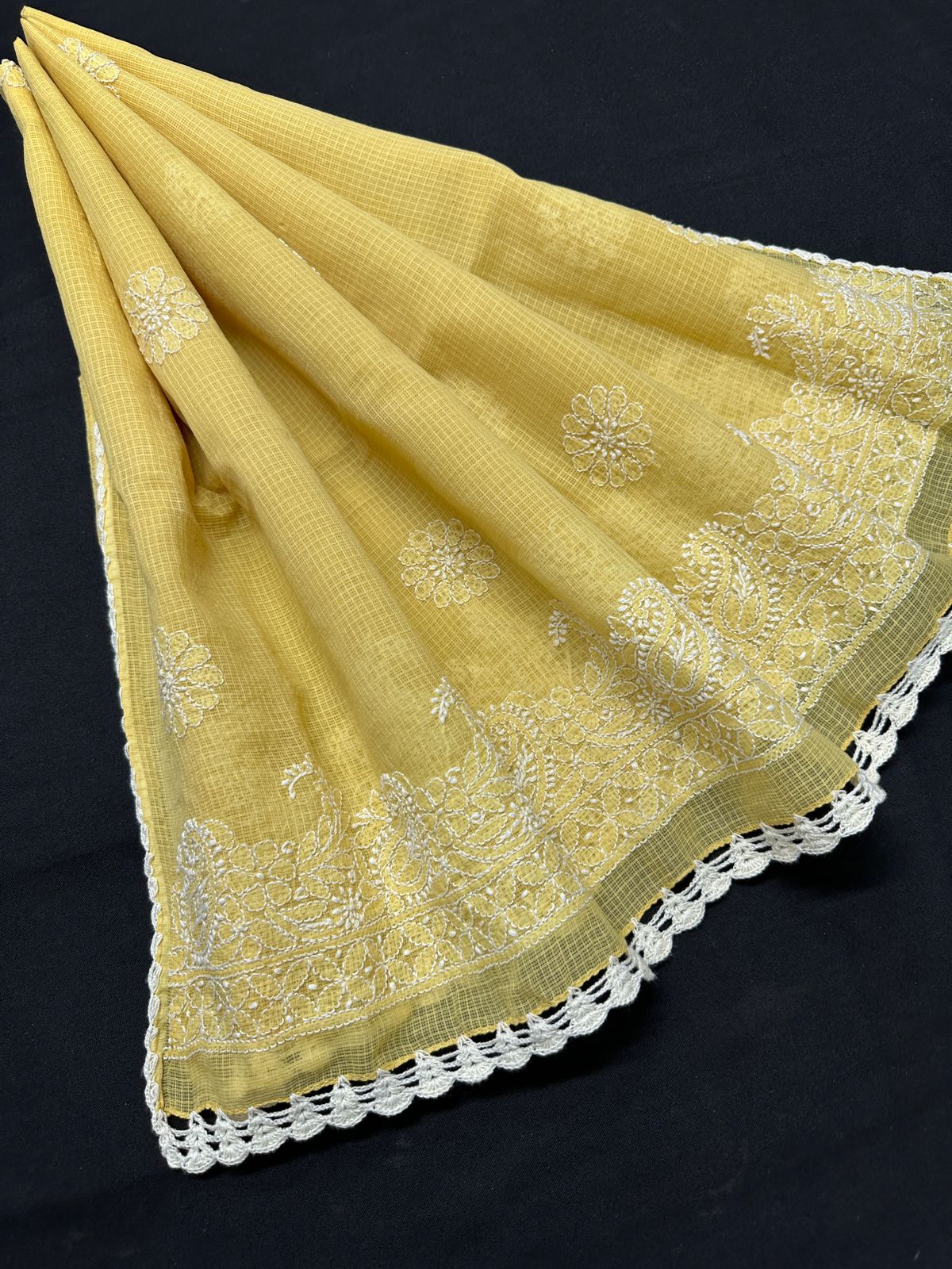 Kota Cotton Dupatta with Hand Chikankari embroidery & crochet borders