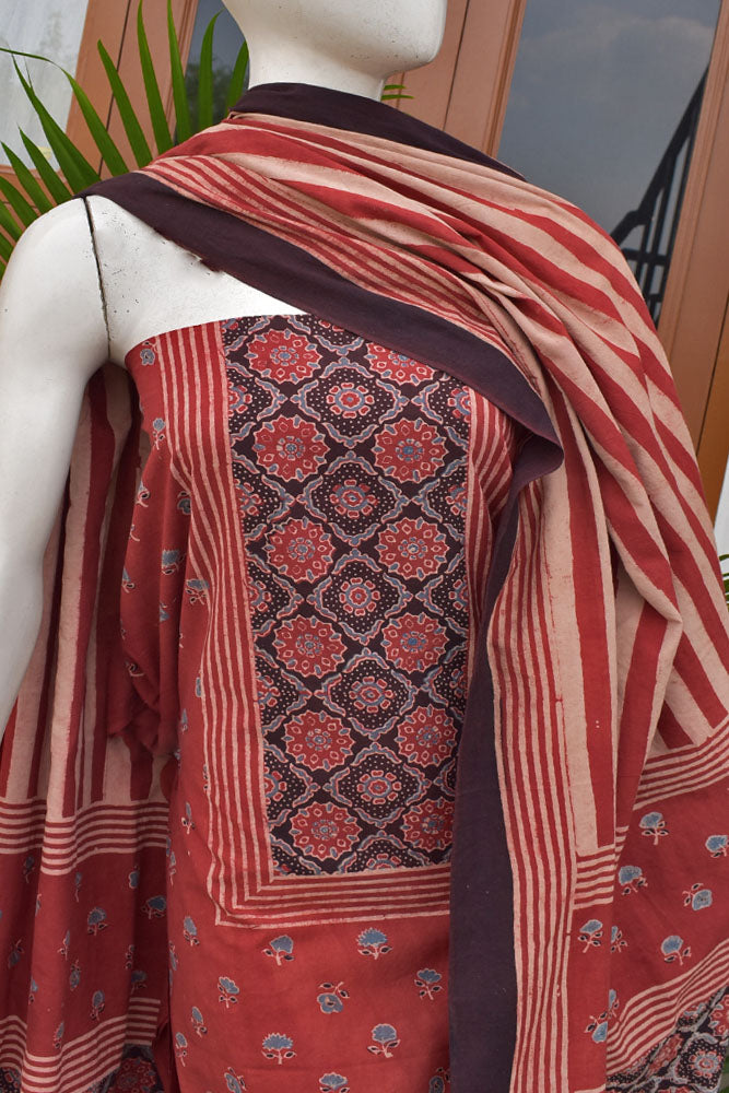 Hand Block Print Ajrakh Cotton Suit with designer Ajrakh neck yoke pattern