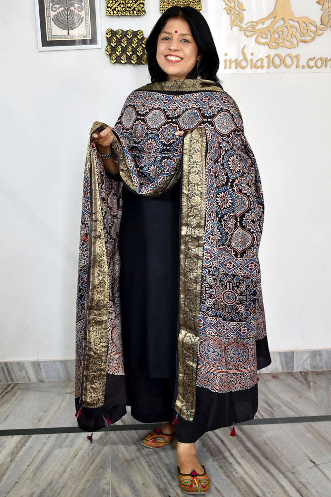 Beautiful Ajrakh Dola Silk Hand Block Print Dupatta with Tassels