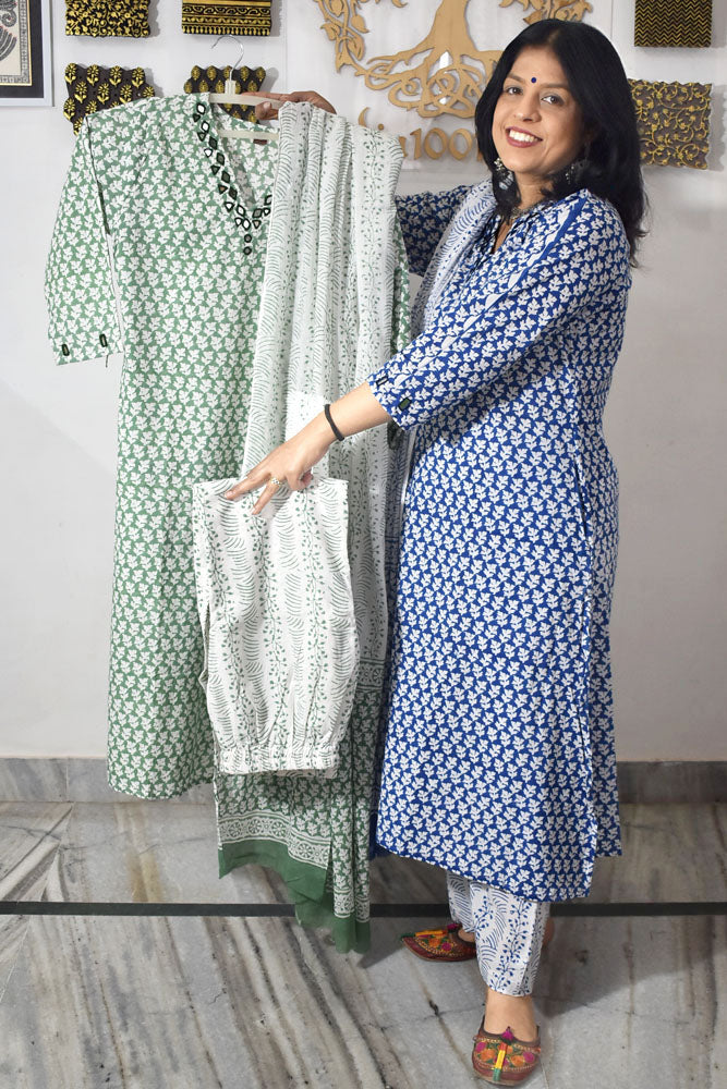Beautiful Hand Block print Cotton suit with Kutch Mirror Work & Cotton Dupatta