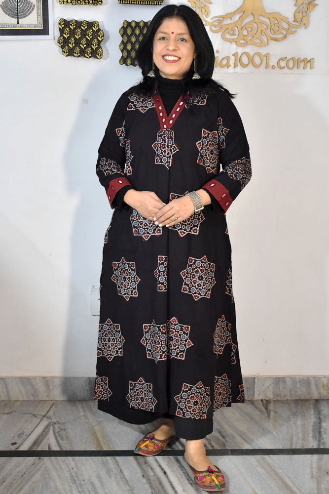 Beautiful Hand Block Printed Ajrakh Cotton kurta with Kutch Mirror work , Size 38 to 44