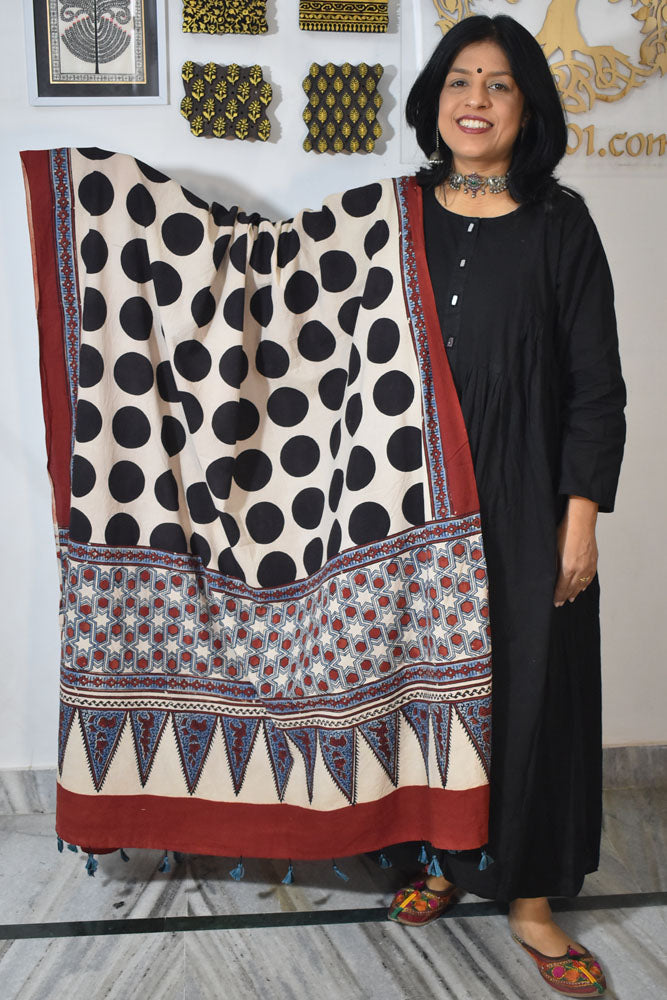 Ajrakh Hand Block Printed Cotton Dupatta with Tassels & natural dyes