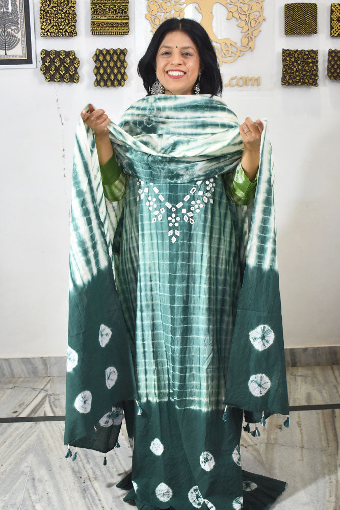 Tie & Dye Shibori & Bandhani cotton Unstitched Suit with Kutch Mirror work