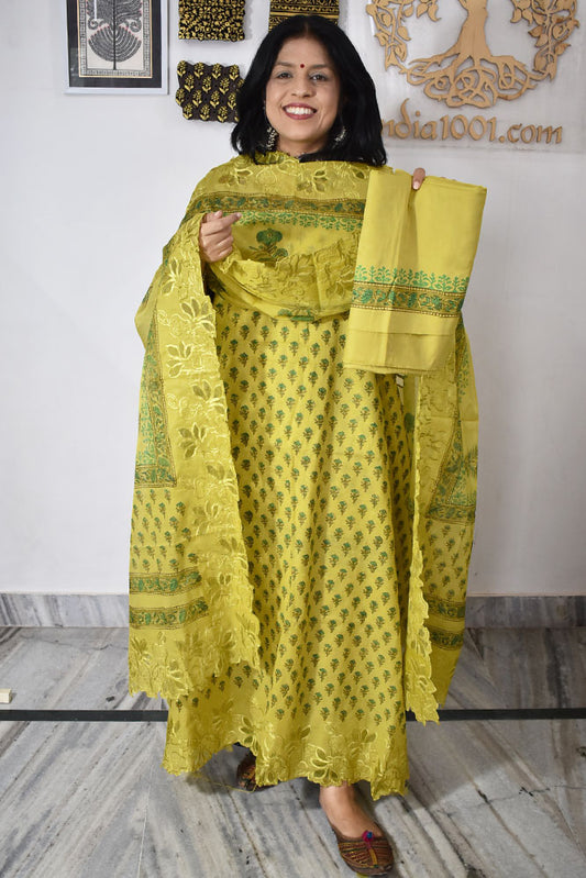 Beautiful Hand Block Printed Cotton Chanderi Suit With Cut Work