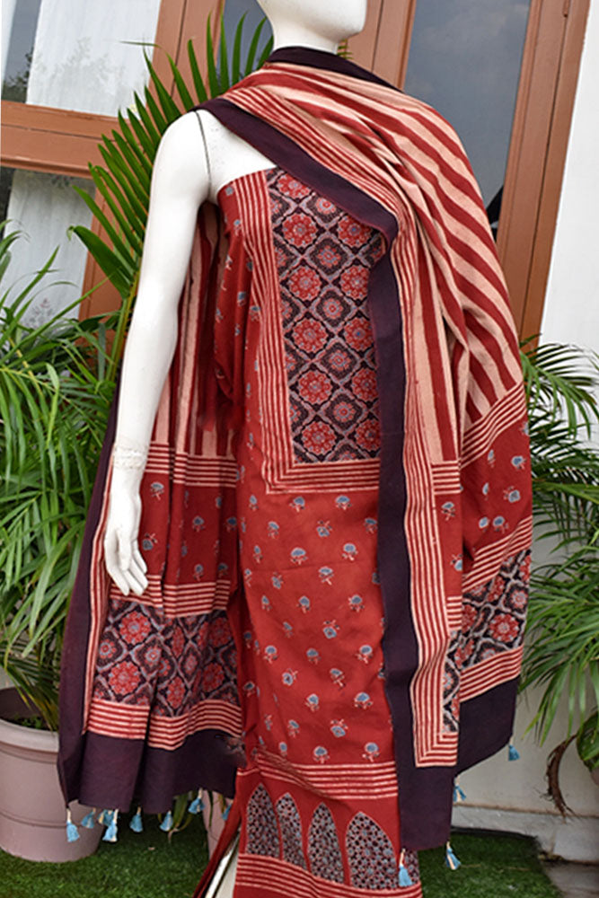 Hand Block Print Ajrakh Cotton Suit with designer Ajrakh neck yoke pattern