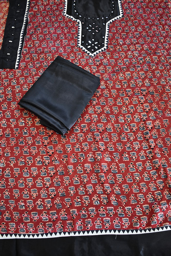 Designer Ajrakh Mashru Kurta Fabric with Kutch Mirror Work patch & Plain Mashru pant fabric