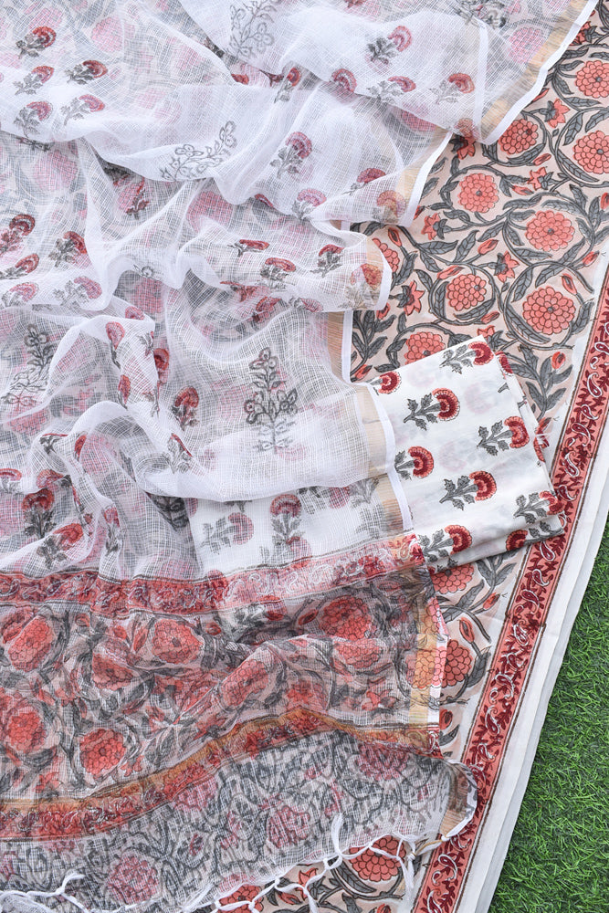 Beautiful Hand Block Printed Cotton unstitched suit fabric with Kota Doria Dupatta