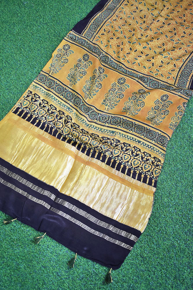 Beautiful Ajrakh Modal Silk Hand block Printed Stole with lagdi patta