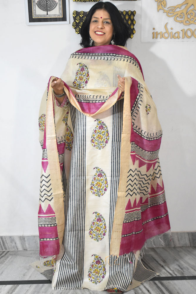 Elegant Hand Block printed Moonga Tussar Silk Kurta Dupatta Set
