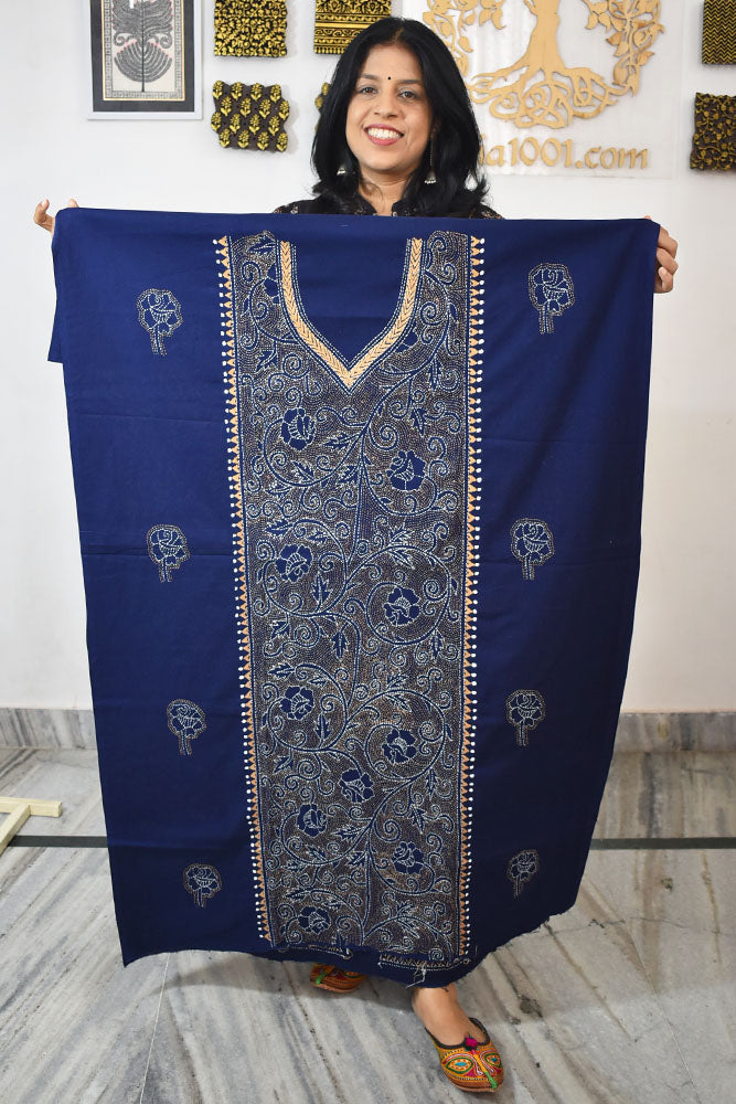 Hand Embroidered Kantha work cotton fabric - (Length 2.8 mtrs )