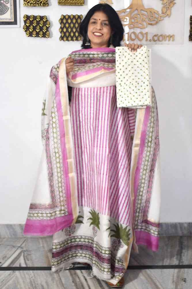 Beautiful Hand Block Printed Maheshwari Silk Cotton Unstitched suit fabric - 3 pc set