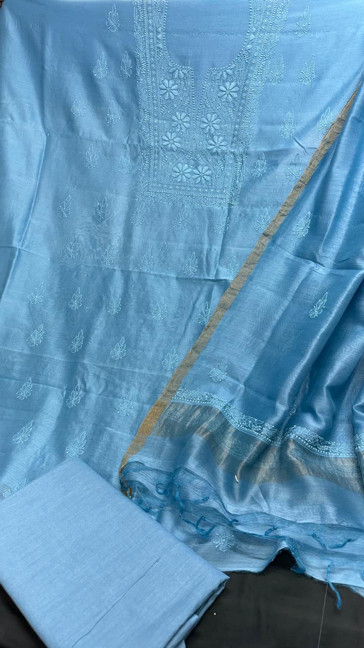 Elegant Chanderi silk Cotton Kurta & Dupatta with Chikankari Embroidery work & cotton bottom - 3 pc set