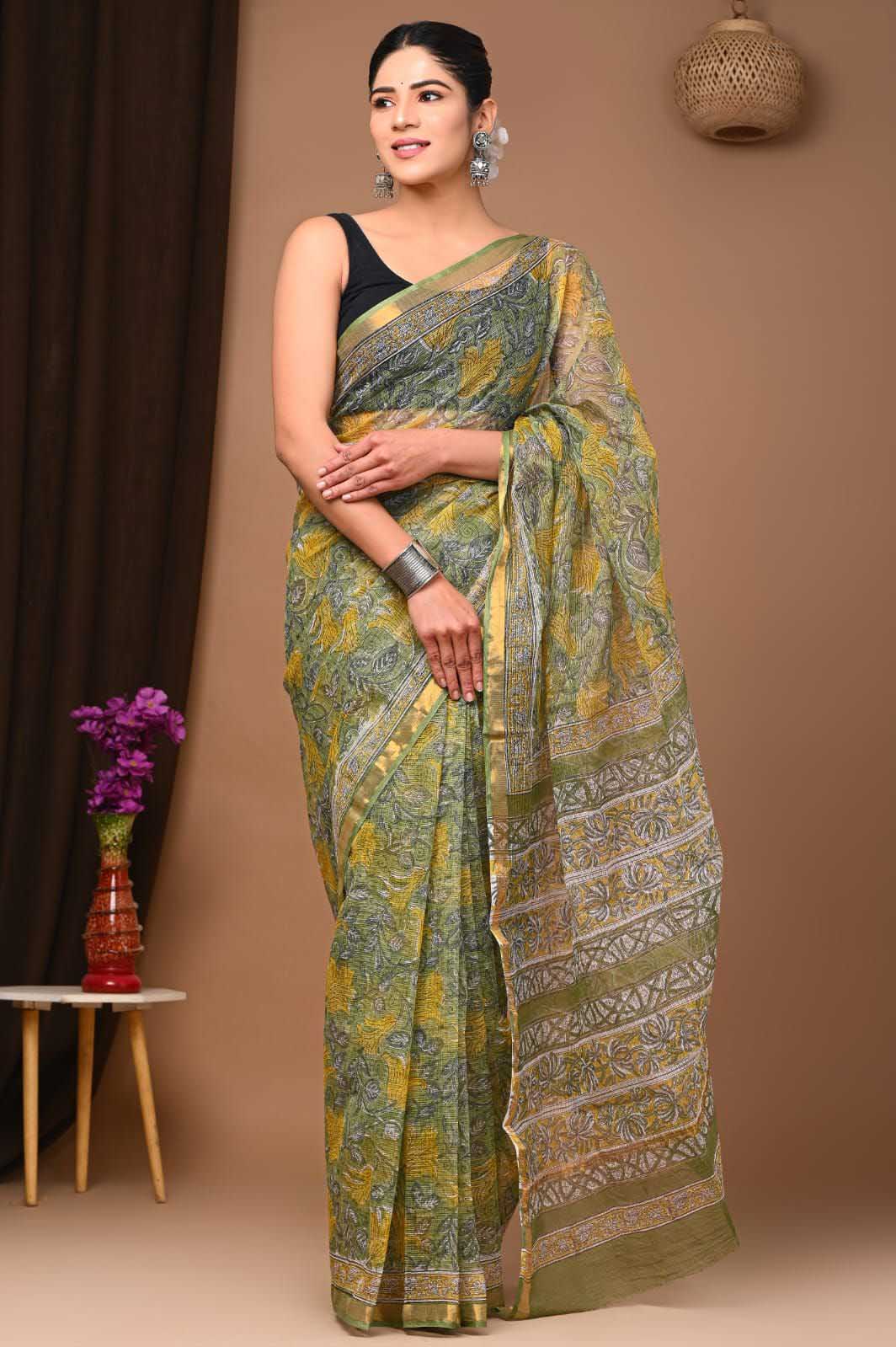 Beautiful Hand Block Printed Kota cotton Saree with zari border