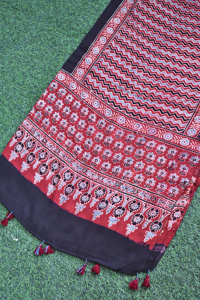 Beautiful Hand Block Printed Ajrakh Modal Silk stole with Tassels