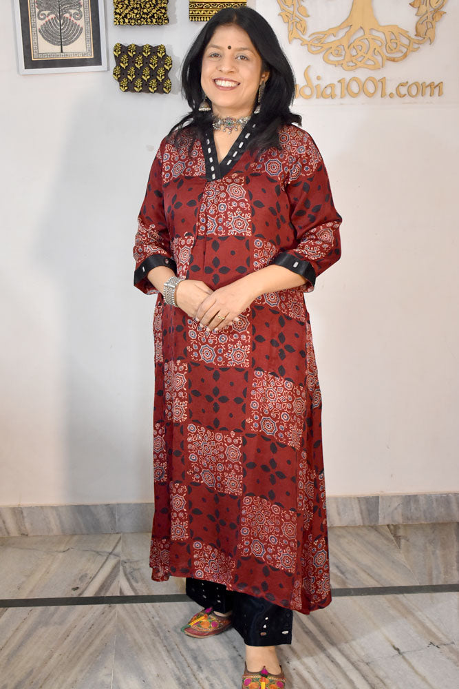 Beautiful Ajrakh Modal Silk Kurta with Kutch Mirror Work size - 38 - 44