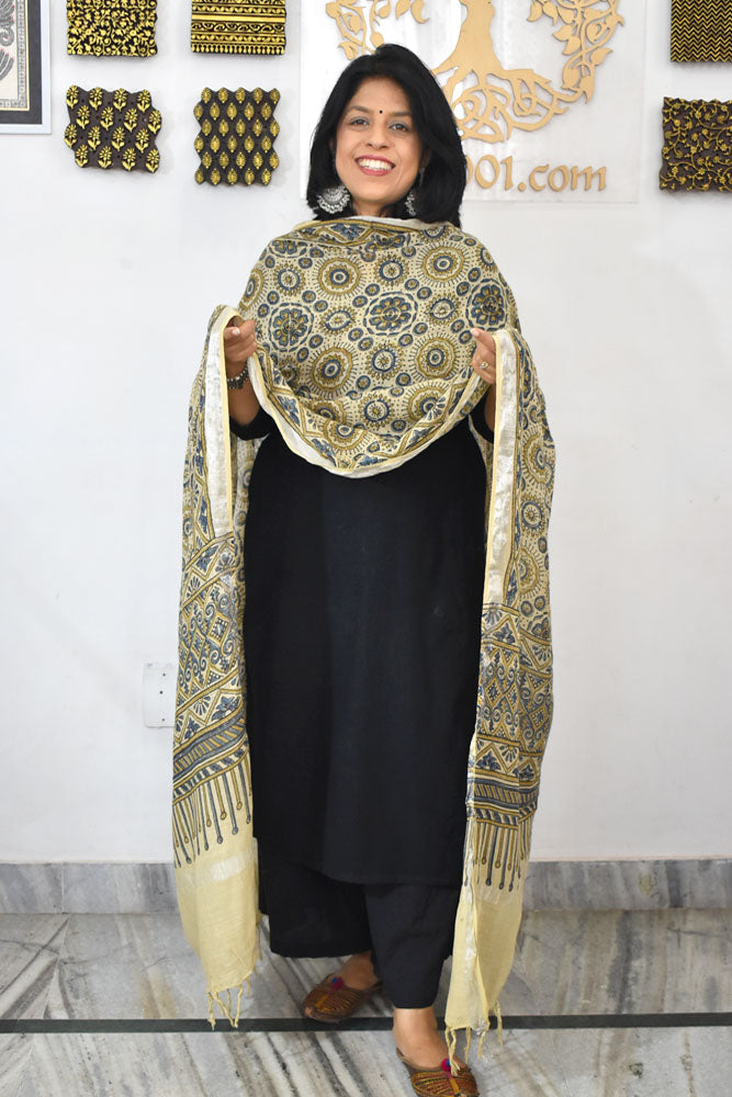 Elegant Ajrakh Hand Block Printed Pure Linen dupatta