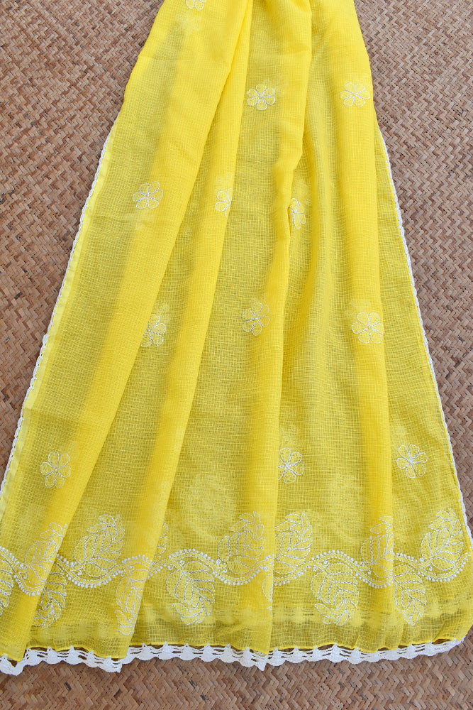 Handcrafted Kota Cotton Dupatta with Chikankari embroidery & crochet borders