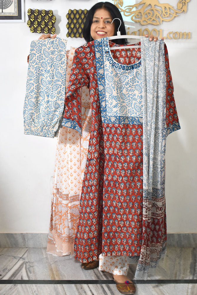 Hand Block Printed stitched 3 pc Cotton suit with Kutch Mirror Work Size - 38