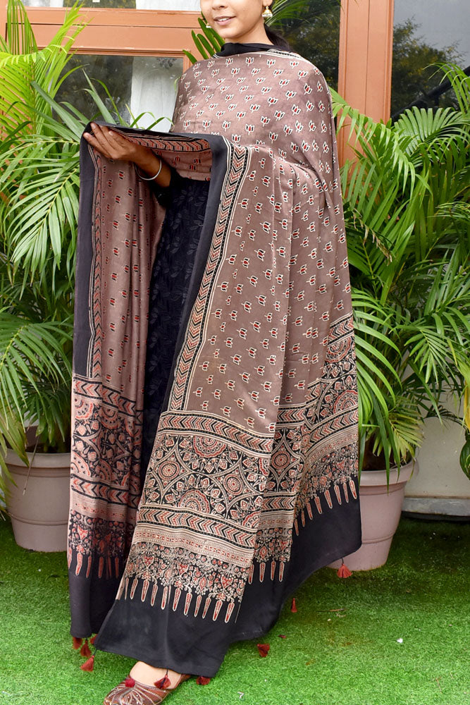 Elegant Modal Silk Ajrakh Block Print Dupatta with tassels