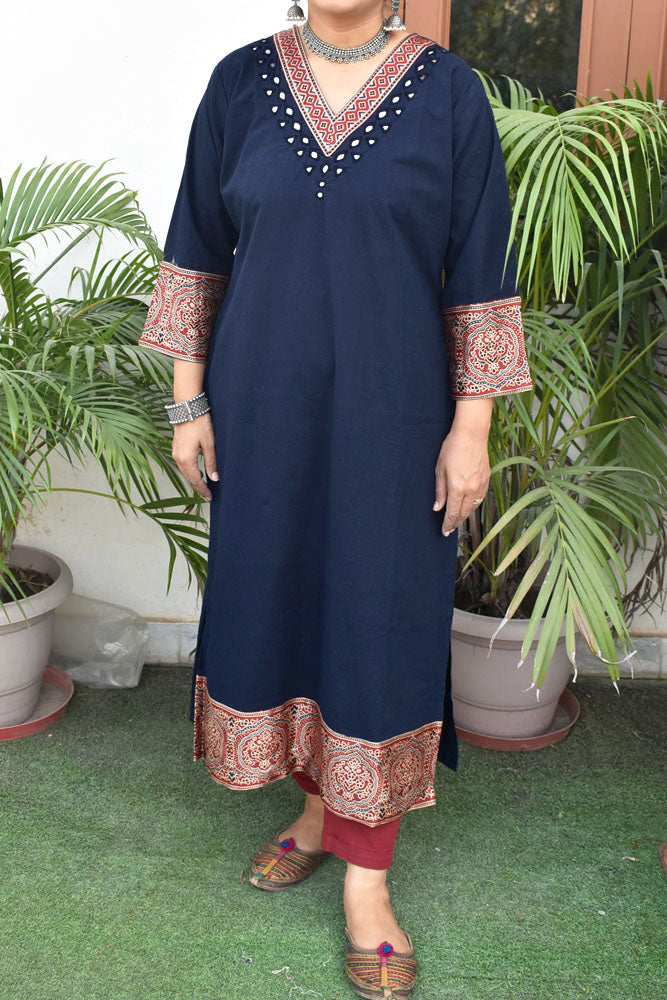 Beautiful Cotton Kurta with Ajrakh patch Kutch mirror work size - 40-46