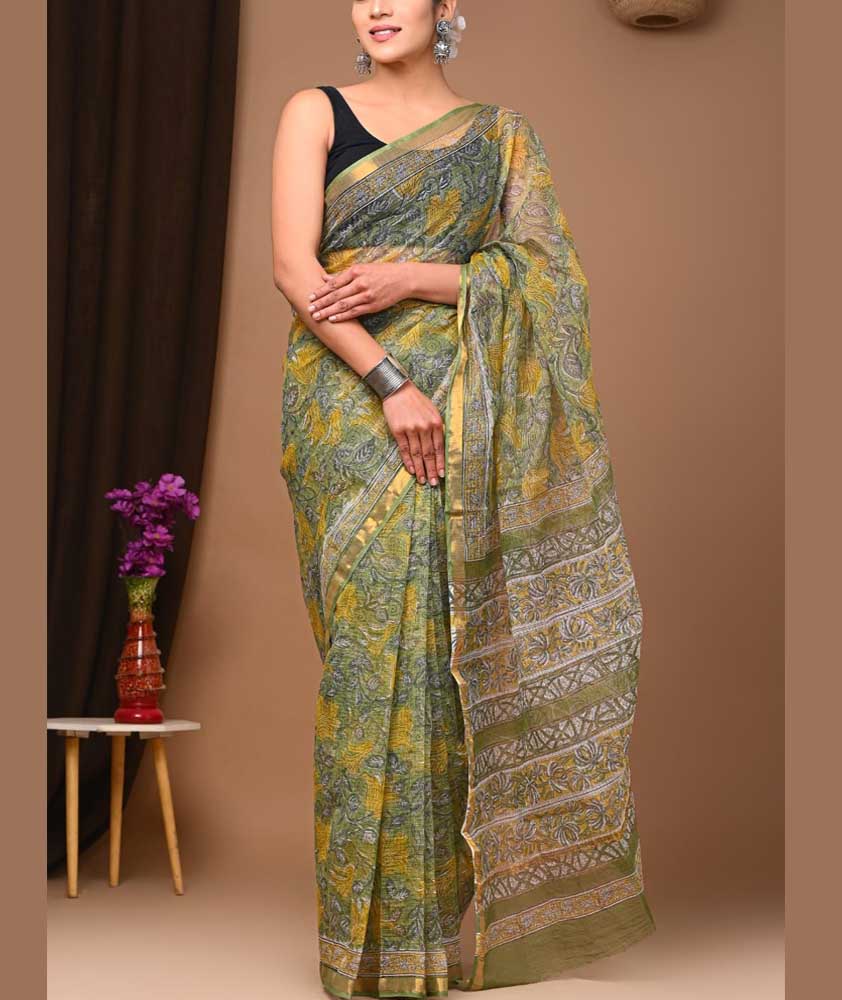 Beautiful Hand Block Printed Kota cotton Saree with zari border