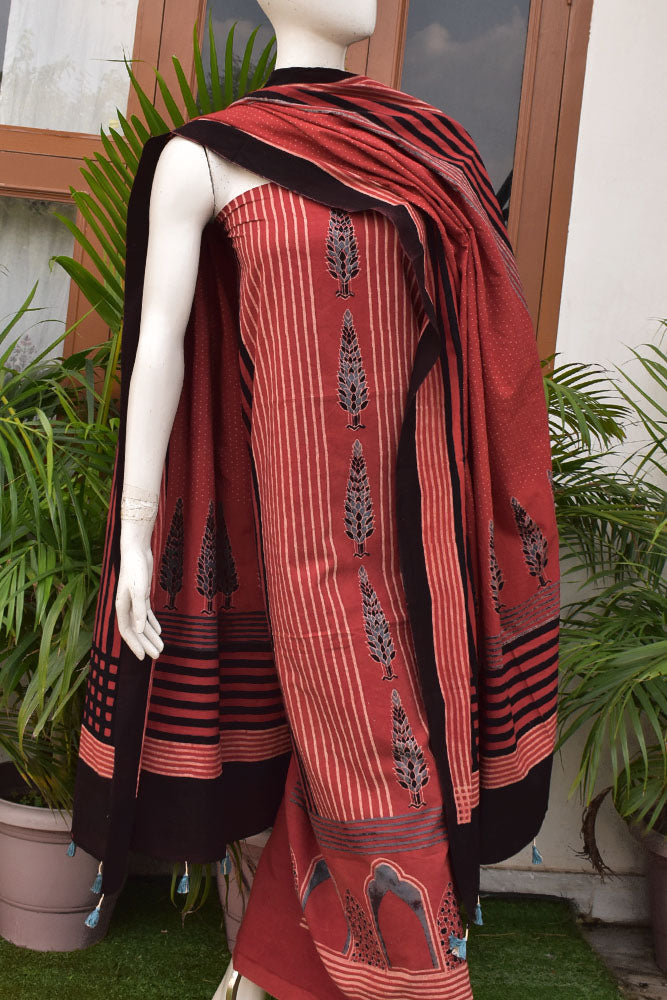 Hand Block Print Ajrakh Cotton Suit with designer Ajrakh neck yoke pattern