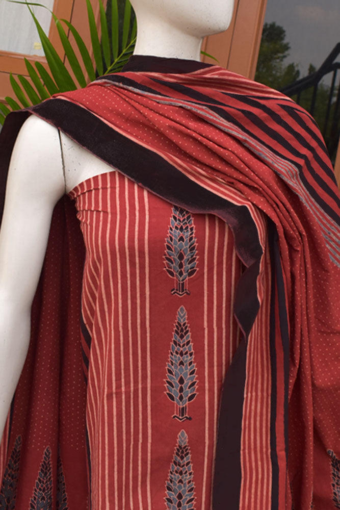 Hand Block Print Ajrakh Cotton Suit with designer Ajrakh neck yoke pattern